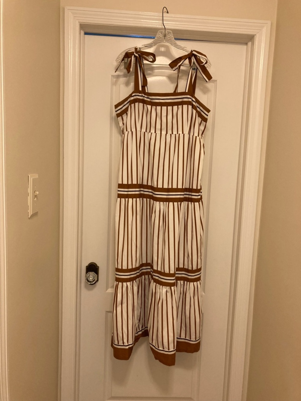 Tiered Striped Midi Dress with Tie Straps - Brown & White stripes.